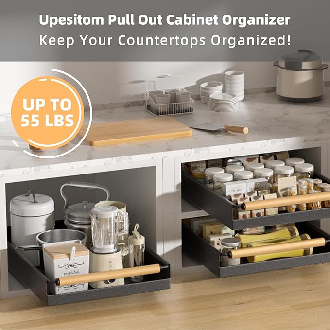 Pull Out Cabinet Organizer, 15.3'' Deep Expandable Slide Out Cabinet Organizer Fixed with Adhesive Nano Film, Slide Out Drawers Pull Out Tray for Cabinet in Kitchen, Pantry, Bathroom, Black