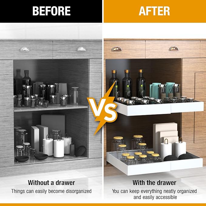 Expandable Pull Out Drawers for Cabinets (White): Kitchen and Pantry Organizer, Sliding Cabinet Organizer with Adhesive, Under Sink and Pots Storage, 12.5"-20.5". Adjustable Shelf Solution