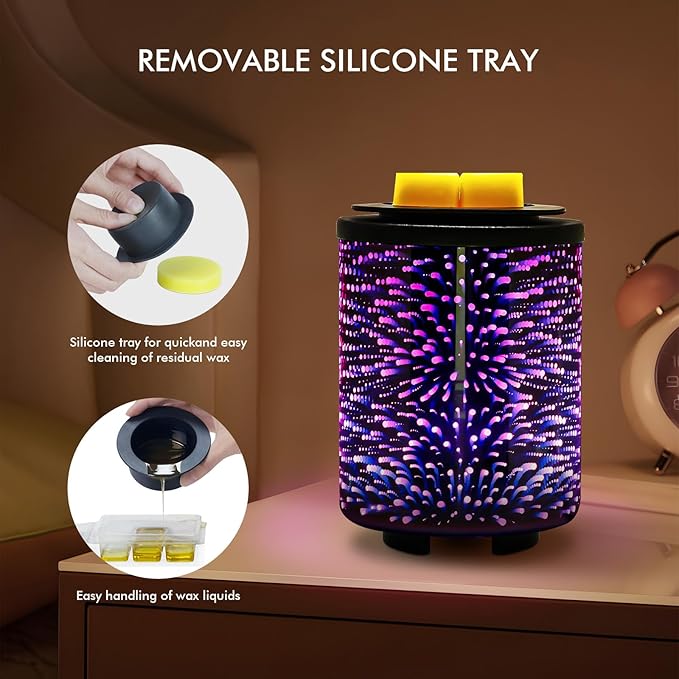 Electric Wax Melt Warmer with Timer (2/4/8H), 7-Color Changing LED Night Light, Removable Silicone Dish, PTC Safe Heating - 3D Glass Design for Home, Office Décor, Gifts for Mom