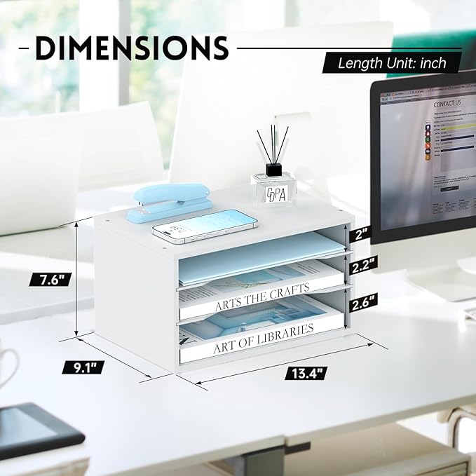 SUPEASY Wood Desk Organizer, 3 Tier Paper File Organizer for Desk, Wooden Desktop Organizer, Paper Letter Literature Mail Sorter, for Office School & Home Organization, White