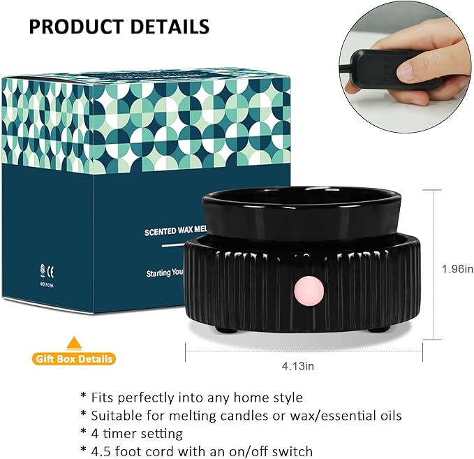 Wax Melt Warmer with 4 Timer & PTC Heating- Ceramic Fragrance 3-in-1 Oil Burner Electric Candle Wax Melter for Home Office Bedroom Fragrance, Home Décor and Gift Choice