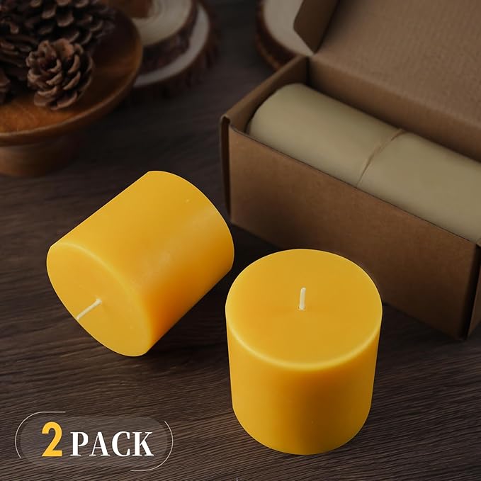 2 Pack Natural Beeswax Pillar Candles,100 Hours Burning Bees Wax Candles for Home, 100% Pure Beeswax Candle for Emergency, Prayer, Smokeless, Non-toxic-3X3 in