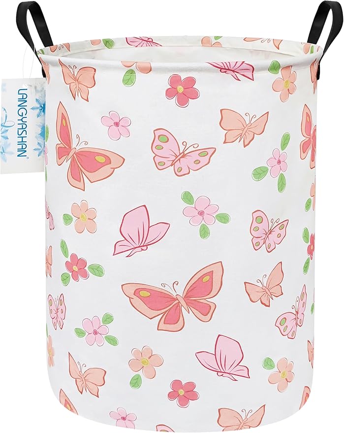 LANGYASHAN Laundry Basket Canvas Fabric Collapsible Organizer Basket for Storage Bin Toy Bins Gift Baskets Bedroom Clothes Children Nursery Hamper (Pink Butterfly)