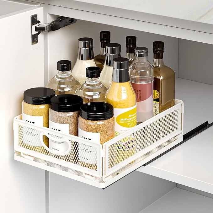 Pull Out Cabinet Organizer, No Drill Adhesive Sliding Drawers for Kitchen, Metal Mesh Wire Storage Shelf for Pantry & Under Sink, White (9.6" W x 11.8" D x 3.9" H)