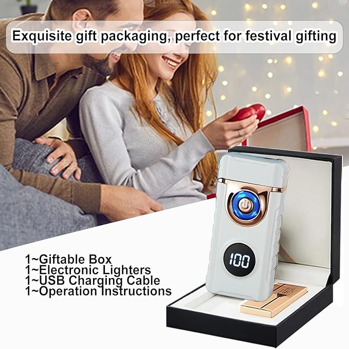 Electric Lighters Plasma Lighters Rechargeable with with LED LED Display and LED Emergency Lights Windproof USB Rechargeable Lighter Cool Lighte for Candle,Camping,Gift(Luminous White)