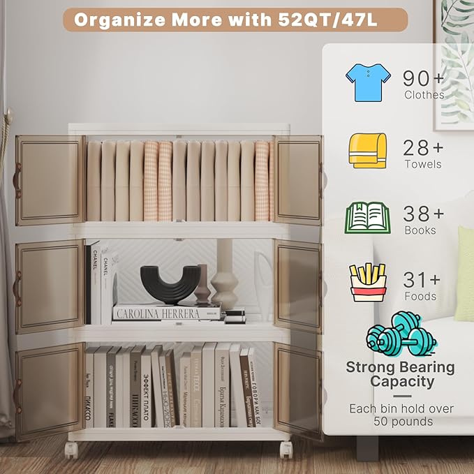 Stackable Storage Bins with Lids 144QT-48QT*3Pack Folding Storage box with Doors and Wheels, Collapsible Plastic Bins Stackable Organizer and Containers for Home, Garage, Office