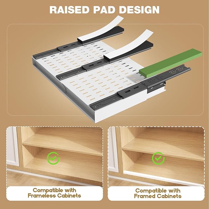 2 Pack Pull Out Cabinet Organizer With Raising Pad for Framed Cabinets,Expandable Width (13"-21") and Depth (13"-17"),3 Slide Rails Slide Out Drawers with Handle,No-Drill Roll Out Shelf,White