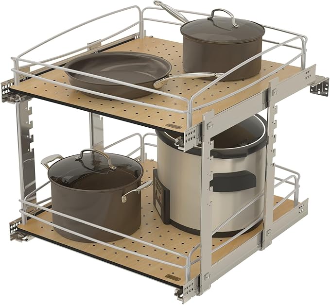 Rev-A-Shelf 2 Tier Pull Out Kitchen Cabinet Storage Organizer with Solid Bottom & Undermount Soft-Close Full Extension Slides, 54BK-21SC-2-1