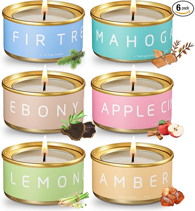 Scented Candles Gift Set, Natural Beeswax Aromatherapy Candles for Valentine's Day, Birthday, Christmas, Holiday Gift Ideas for Women, Small Portable Tin Travel, 6-Pack Variety Luxury Home Scents