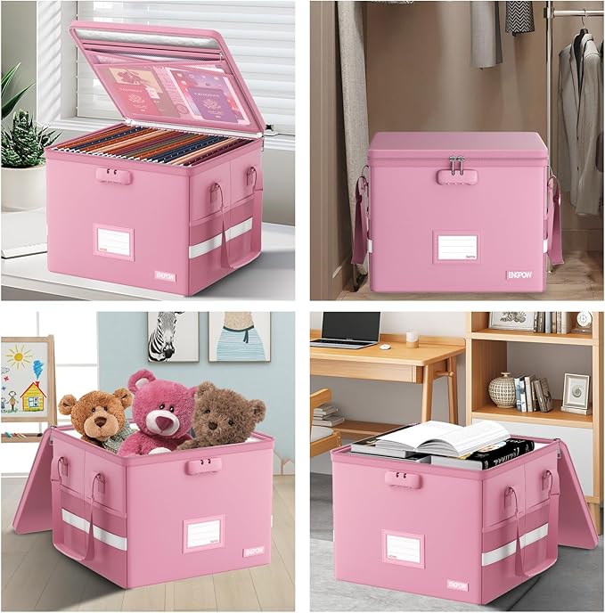 ENGPOW 5200°F File Box Fireproof Document Box with Lock,Heat Insulated Collapsible File Storage Organizer Box with Handle,Portable Home Office File Cabinet for Hanging Letter/Legal Size Folder, Pink