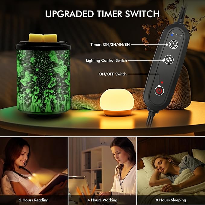 Electric Wax Melt Warmer with Timer (2/4/8H), 7-Color Changing LED Night Light, Removable Silicone Dish, PTC Safe Heating - 3D Glass Design for Home, Office Décor, Gifts for Mom