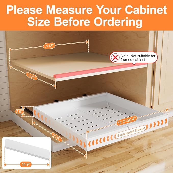 1 Pack Pull out Cabinet Organizer Expandable Width(12"-20") and 21"Depth, No Drill Adjustable Slide Out Drawers for Kitchen, Cabinets With 3 Slide Rails,Magnetic Panel, Adhesive Roll out Shelves
