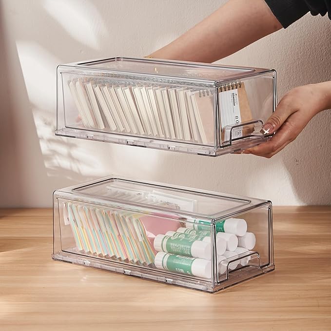 2 Pack Stackable Storage Drawers, Plastic Clear Organizer Bins with Handles for Undersink, Kitchen Cabinet, Fridge, Closet, Pantry, Office, Bathroom