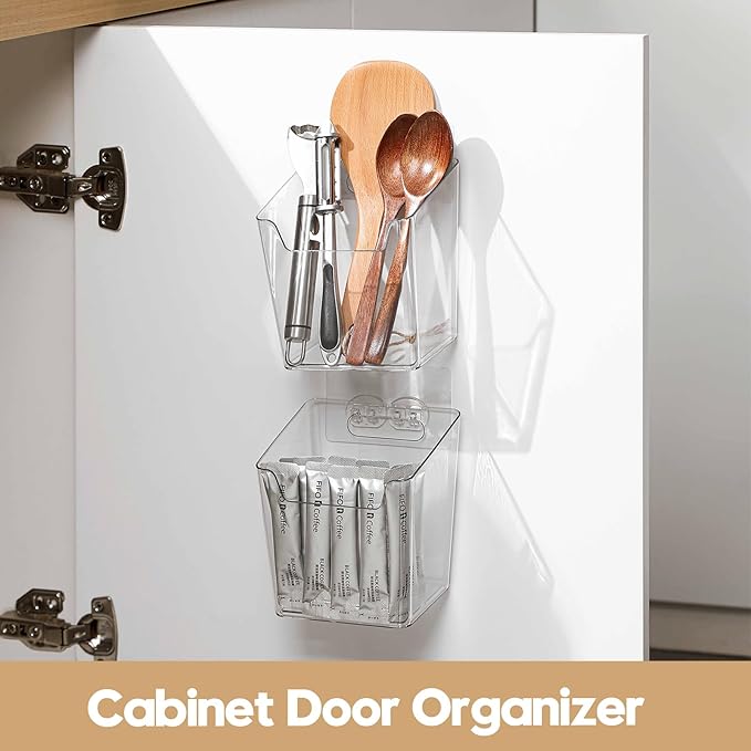 Clear Acrylic Pen Holder, 4 Pack Cabinet Door Organizer Adhesive, Bathroom Wall Mount Caddy Kitchen Plastic Storage Bin Box for Office Marker,Art Supply, Small Cleaning Supply, Seasoning Drink Packet