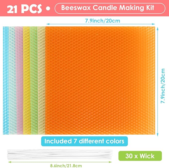 8x8 Inch Beeswax Sheets for Candle Making, 21 PCS Beeswax Candle Making Kit for Adults, 7 Macaron Colors Beeswax Honeycomb Sheet with Cotton Wick for DIY Craft Gift