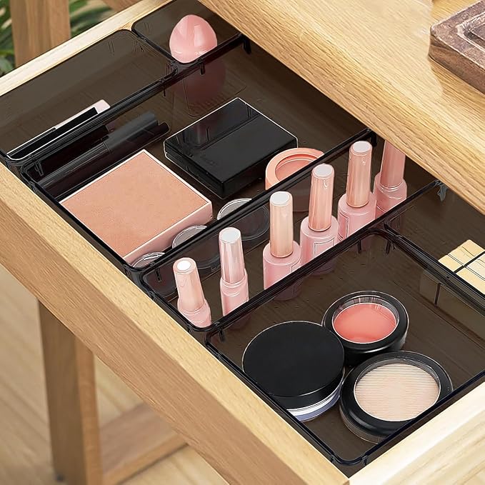 StorMiracle 13 PCS Drawer Organizer Set, 5 Varied Size Bathroom and kitchen Drawer cabinet organizer Trays, Clear Storage Bins for Makeup, Jewelry, Utensils and Gadgets, Black