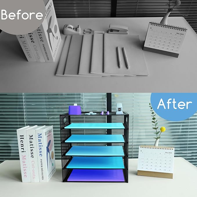 5 Tier Desk Organiser with Handle, Pull-Out Mesh File Organizer for Letter Tray Organizer Mesh Desk Organiser Tray Paper Storage Rack for A4 File Office Supplie, Black