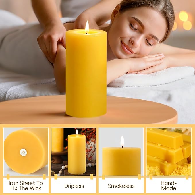 2.8x8in Beeswax Pillar Candles-2pcs,290 H Long Burning,Emergency Beeswax Candles,Non Toxic Natural Bees Wax Candles for Home