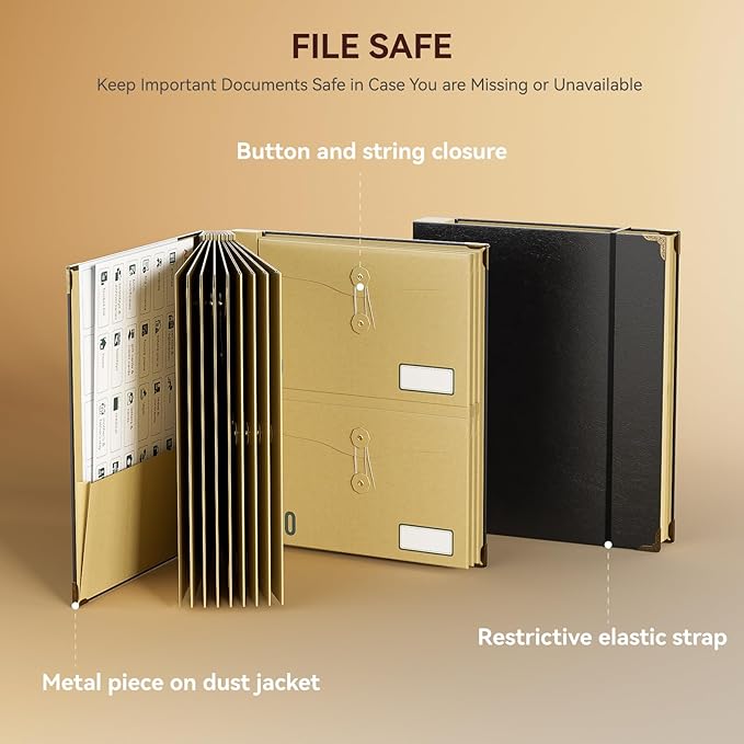 ABC life Document Organizer, Expanding File for Important Papers, Passports, Birth Certificates, Passports, Photos and Letters, Spine-Free Design with Elastic Closure - Black