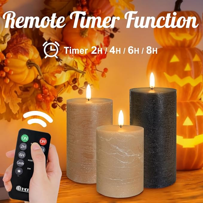 Rechargeable Flameless LED Pillar Candles–Luminous Real Wax Indoor Home Decor–Set of 3, Realistic Flickering LED Flame,Remote & Timer, USB-Rechargeable（Caramel Beige）