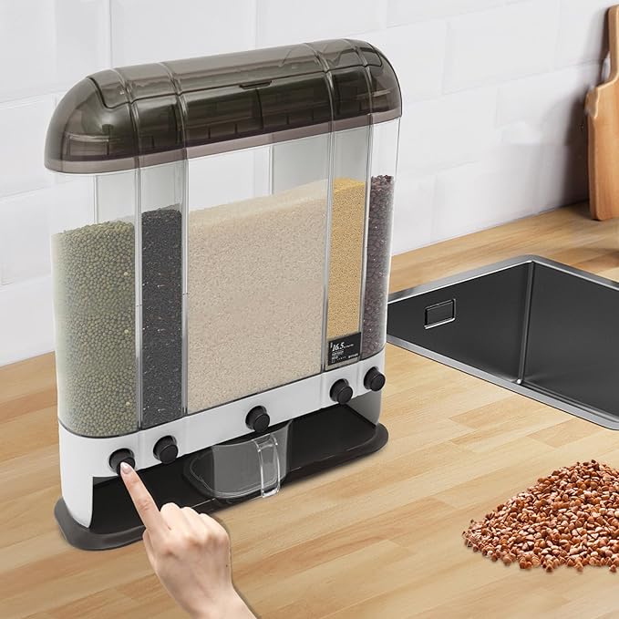 5 Grid 33lbs Dry Grain and Rice Cereal Dispenser Grain Storage Container Dispenser with Lid, Beans Dispenser