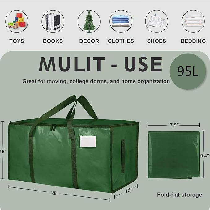 12 Pack-Extra Large Heavy Duty Moving Bags - Waterproof Storage Totes with Handles & Zippers, Foldable for College Dorm, Storage (olive green)