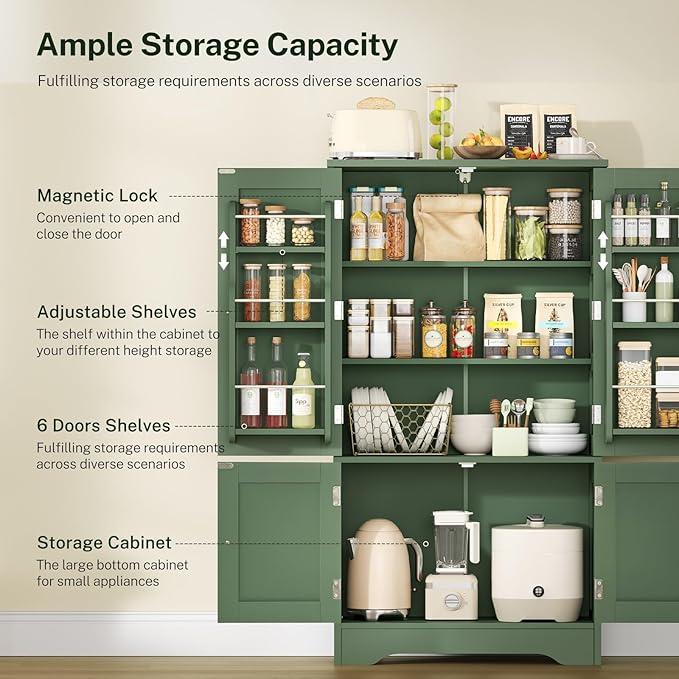 TEENFON 43" H Storage Cabinet with 4 Doors, Kitchen Cabinet with 6 Door Shelves, Kitchen Pantry Cabinets for Living Room, Dining Room, Bathroom, Forest Green