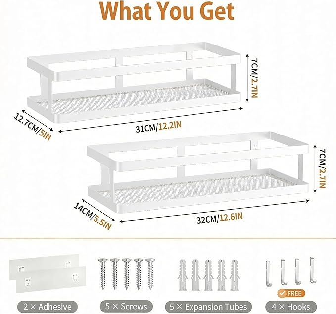 PUSDON Hanging Storage Baskets Organizer Wall Mount, Metal Wire Storage Bin Rack for Kitchen Bathroom Shower Spice Shelf Home Decor Essentials White-2 Packs (Guardrail)