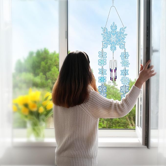 Christmas Snowflakes Diamond Art Painting Wind Chimes Hanging Pendant DIY Kits 5D Diamond Art Wind Chime Christmas Hanging Ornaments Double Sided Special Beads Paint by Number Patio Tree Window Decor
