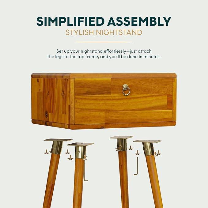 Bme Alden Solid Wood Nightstand/Side Table/End Table, Fully Assembled, with 1-Drawer for Mid Century Bedroom and Living Room, (12mm), Caramel
