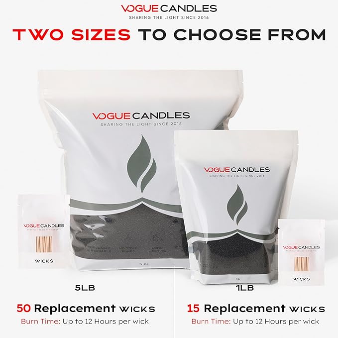 Vogue Candles Granulated Black Wax Refill – 1LB Pearled Candle Sand Wax – Mother’s Day Candle Kit with 15 Cotton Wicks for DIY Home Lighting – Plant-Based & Reusable for Clean Burning & Custom Vessels