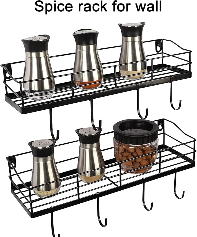 Lyeasw Black Floating Shelves Wall Mounted with 8 Removable Hanging Hooks, 15-Inch Adhesive Shower Shelf Organizer for Bathroom Kitchen Storage Rack, Set of 2