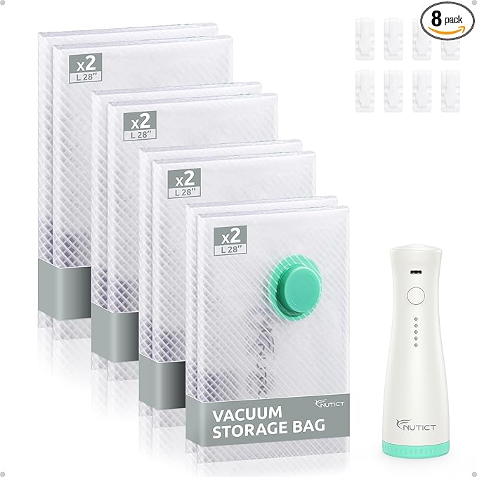 NUTICT 8-Pack Vacuum Seal Storage Bags for Travel, Rechargeable Wireless Air Pump, 4-Size Compression Space Saver for Luggage and Suitcase, Long-Term Reusable Bag for Clothes, Cruise Ship Vacation