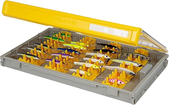 Plano Edge 3700 Vertical Jig & Spybait Box Tackle Storage, Gray and Yellow, Holds Up to 52 Vertical Baits, Rust-Resistant and Waterproof Bait Organizer Box