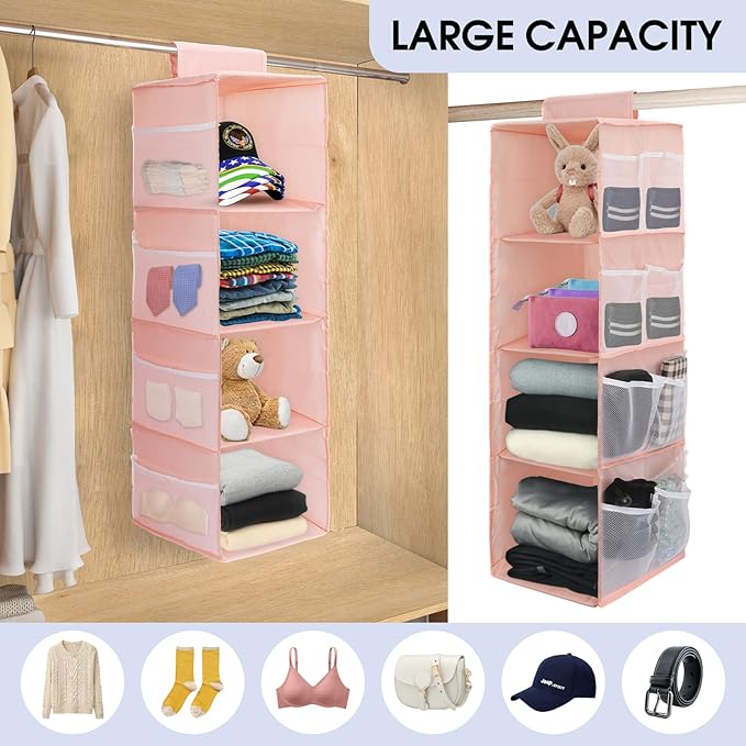 PetsHome 4-Shelf Hanging Closet Organizer, Space Saver, Closet Hanging Storage Shelves with Mesh Pockets & Magic Tap for Storage, Foldable-Pink