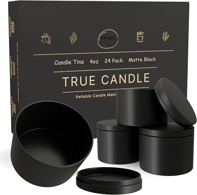 True Candle Tins for Making Candles - 24 Pack of 4 oz Black Candle Containers Bulk 4oz - Empty tins with lids for Candles - Premium Metal Jars, DIY Vessels | Painted Outside and Inside | Matte Black