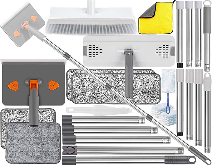 Mops for Floor Cleaning with 57" Long Handle, Scrub Brush, Baseboard Cleaner Tool with 84" Handle, 2 Reusable Pads, Wet and Dust Mopping for Hardwood, Laminate, Tile Floor, Skirting Board, 19Pcs Gray