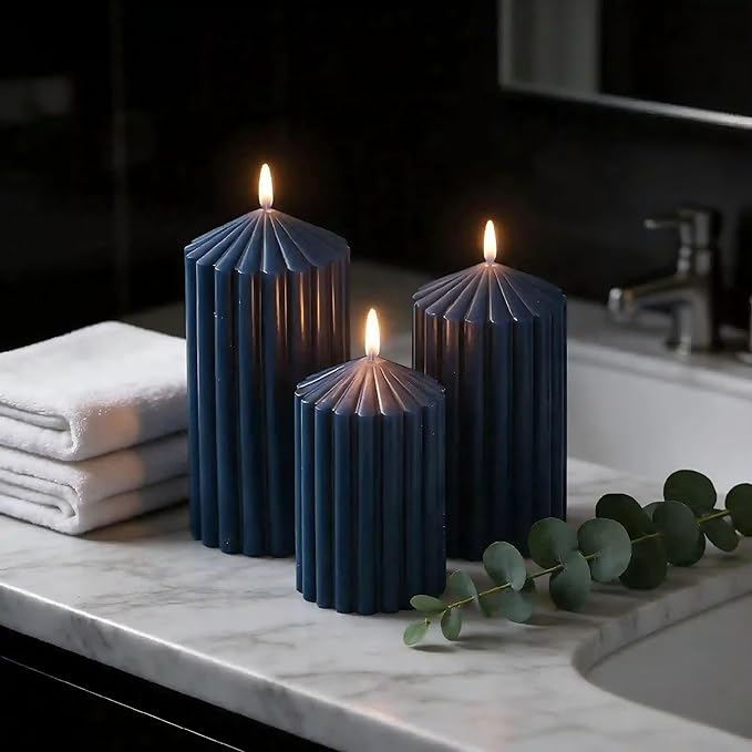 3 Pack Blue Ribbed Pillar Candles - Soy Wax Unscented, 2.76" x4.2/4.9/5.9 in Smokeless Non Toxic Cotton Wick, Aesthetic Modern Candles for Home Decor, Dinner Table, Living Room, Housewarming Gift