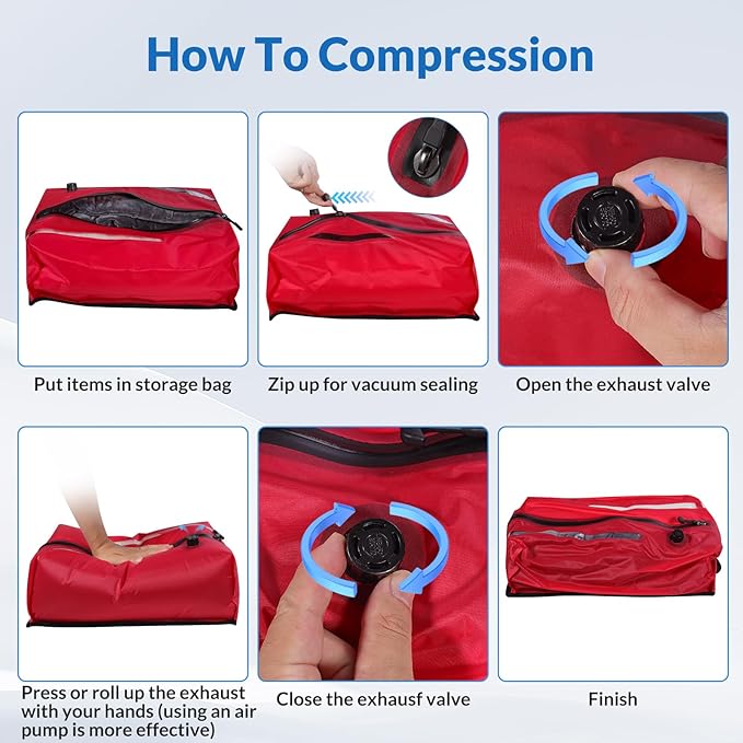 Newdehenm Reusable TPU Travel Vacuum Compression Bags - Waterproof Space Saver Bags for Luggage, Suitcase, Backpack, Storage Organizer (2 Pack, Red)