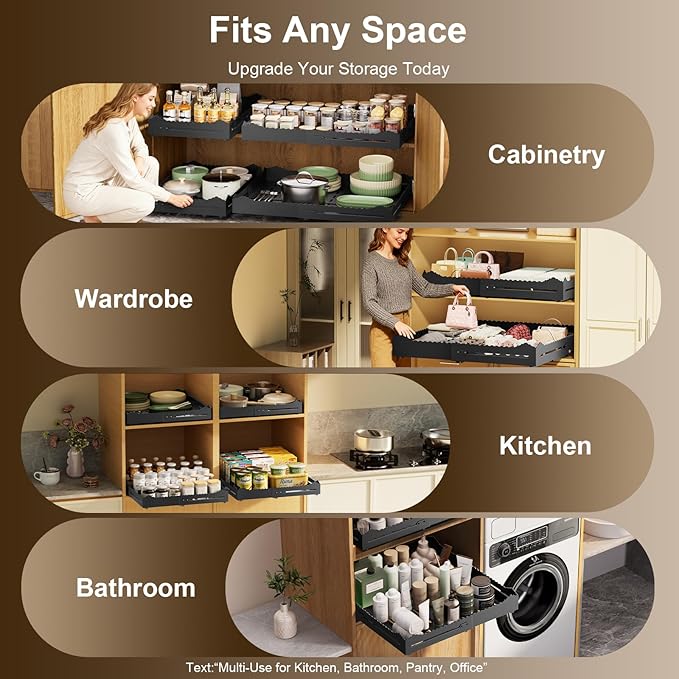 Pull Out Drawers for Cabinets, Expandable Pull Out Cabinet Organizer 11-18" Width,13-24" Depth, Roll out Shelves for Cabinets Without Lip, No Drill Adjustable Slide out Drawers for Kitchen & Pantry