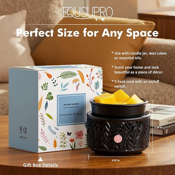 EQUSUPRO Wax Melt Warmer for Scented Wax - 4-in-1 Electric Ceramic Candle Wax Warmer Fragrance Wax Burner Melter for Home Office Decor & Gift for Women (Black Leaf)
