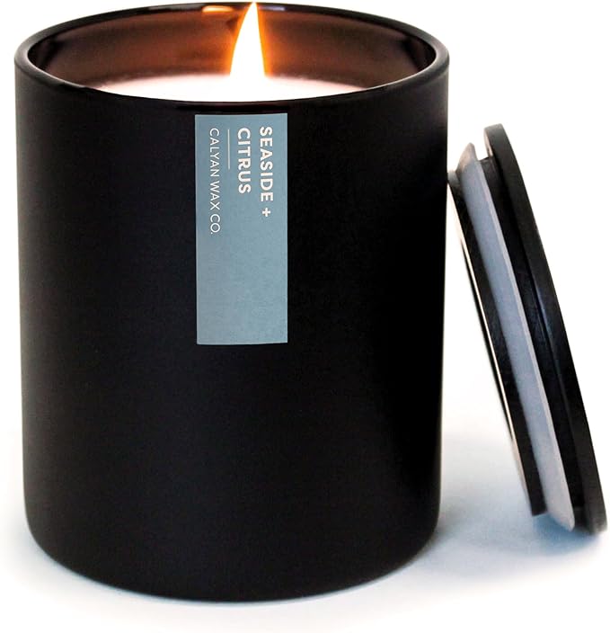 Calyan Wax Co. Seaside & Citrus Scented Candle - 75 Hour Burn - Luxury Non Toxic Soy Wax Candles - Long Lasting Black Tumbler Jar Candle for Home - 10.2oz