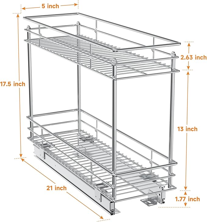 ROOMTEC Pull Out Cabinet Organizer for Narrow Cabinet (5" W X 21" D), Kitchen Cabinet Organizer and Storage 2-Tier Cabinet Pull Out Shelves Under Cabinet Storage for Kitchen, Chrome
