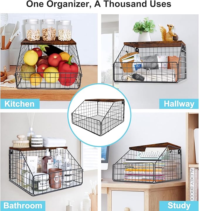 Laundry Room Shelves Wall Mounted with Storage Basket - Farmhouse Stackable Wire Wall Shelves Organizer for Towels, Detergent, Tissues | Space-Saving Over Washer & Dryer(11.8" Wx12 Dx8.5 H)