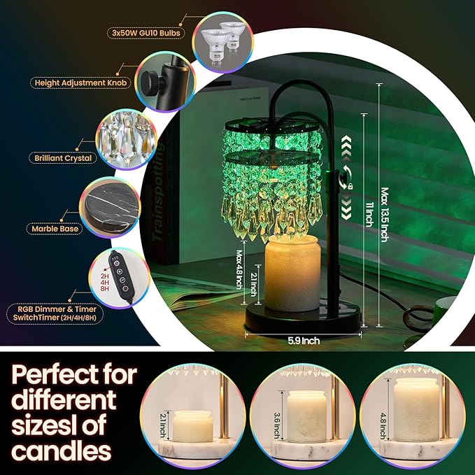 Candle Warmer Lamp with Timer Dimmer and 3 Bulbs, Lamp Candle Warmer with Marble Base,Wax Melt Warmer for Jar Candles, Birthday Gifts for Women Mom, House Warming Gifts New Home Decor (RGB-Black)