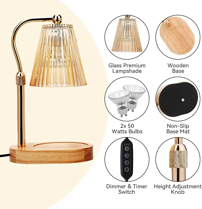 Candle Warmer Lamp with 2Bulbs, Adjustable Height Dimmable Wax Warmer with Timer, Wax Melt Warmer with 4 Brightnes, Candle Warmer Light for Mothers Day/Birthday Gifts