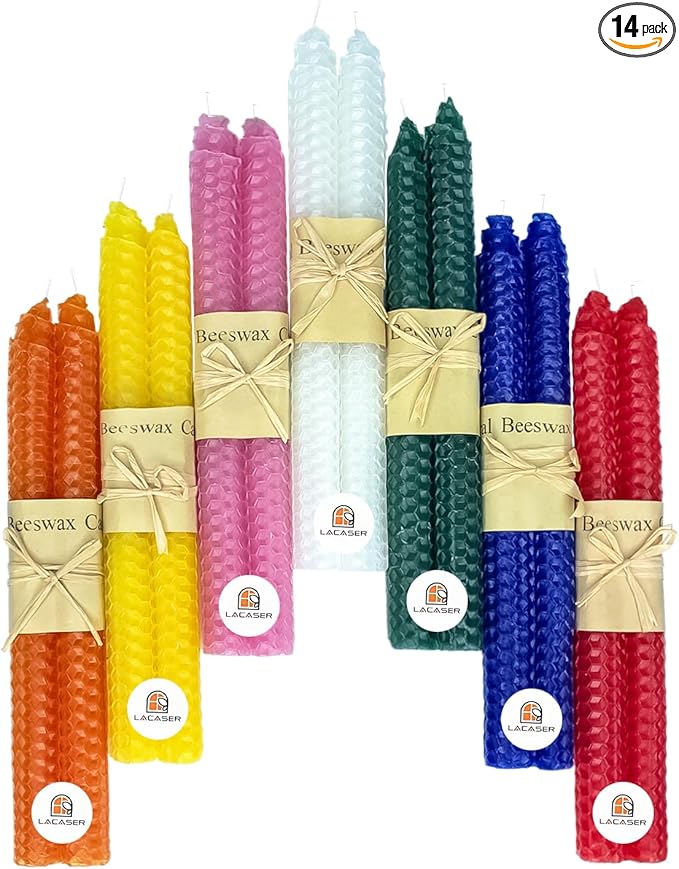 Lacaser Natural Beeswax Taper Candles Bulk, Colored Candlesticks in Rainbow Colors, Smokeless & Unscented, 9" Long Candle Sticks, Burning Time 4 Hours,14pcs