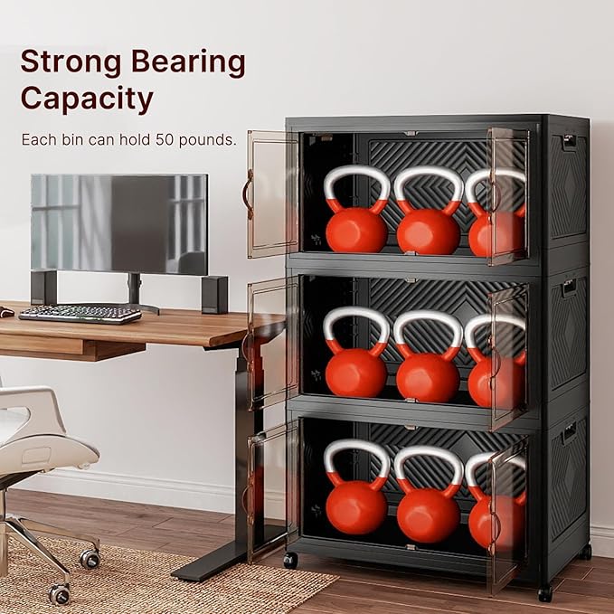 Stackable Storage Bins with Lids & Wheels & Door, Foldable Collapsible Closet Organizers, Extra Large Plastic Storage Drawers for Bedroom Dorm Office Garage (Dark-160qt, 3Pack with 1 top lid)
