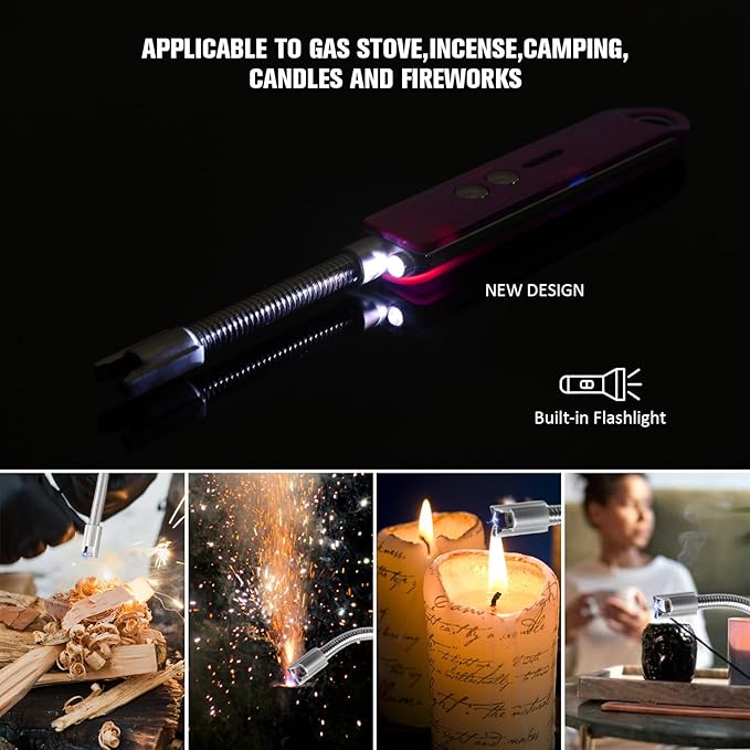 Lighters for Candle,Flameless Plasma Arc Electric Lighter USB C Rechargeable, Long Flexible Neck with Safety Switch for Birthday, Fireplace, Stocking Stuffers Gifts(Pink)