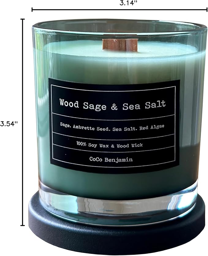 100% Soy, Highly Scented, Hand Poured Soy Candle (Wood Sage & Sea Salt (Wooden Wick))